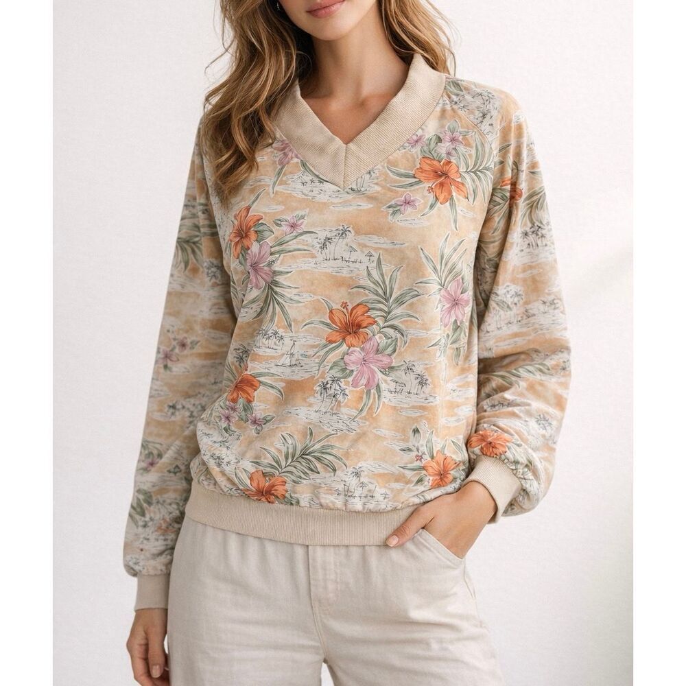 VTG Tommy Bahama Jumper Jacket Tennis Golf Tropical V neck Floral Cream Orange s